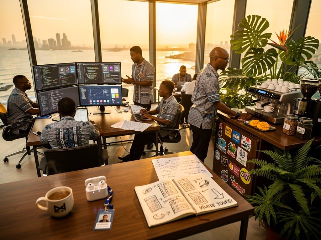 Nigerian developers collaborate on AI-assisted coding at modern walnut desks with ultrawide monitors in Lagos tech lab overlooking skyline