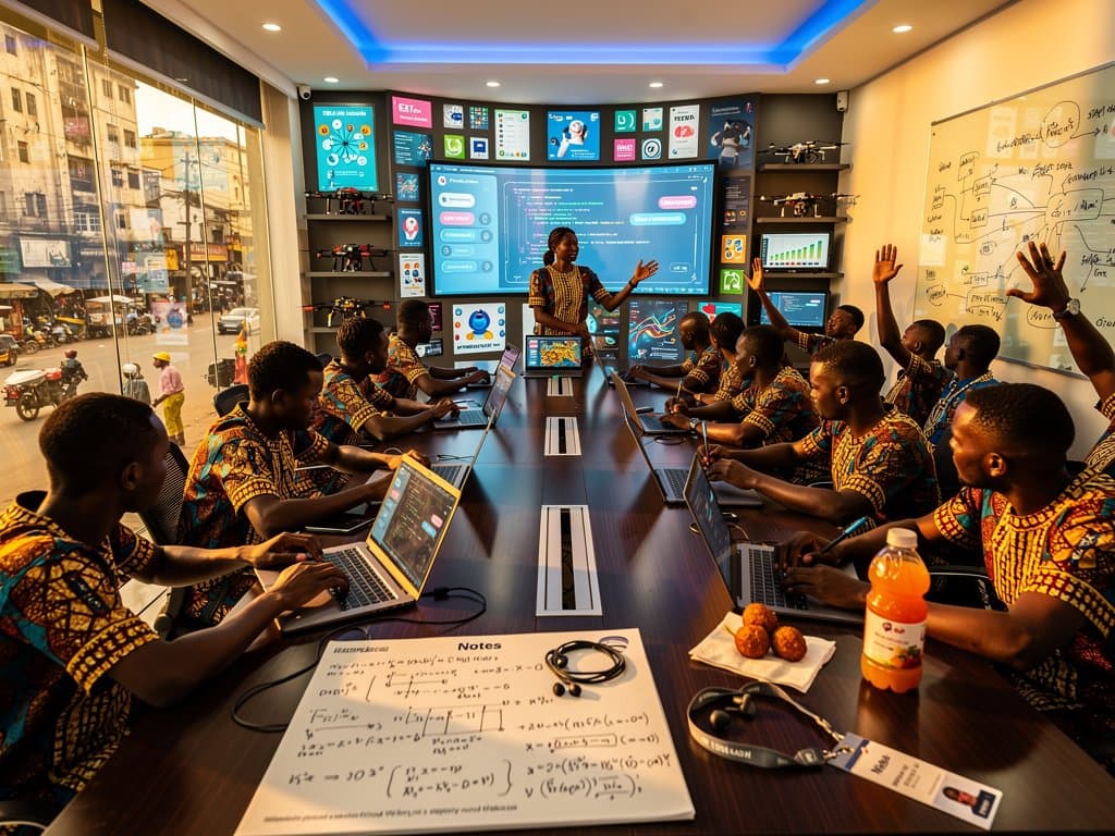 Nigerian students in Lagos classroom using laptops with AI chatbots, discussing amid tech posters and charging setups