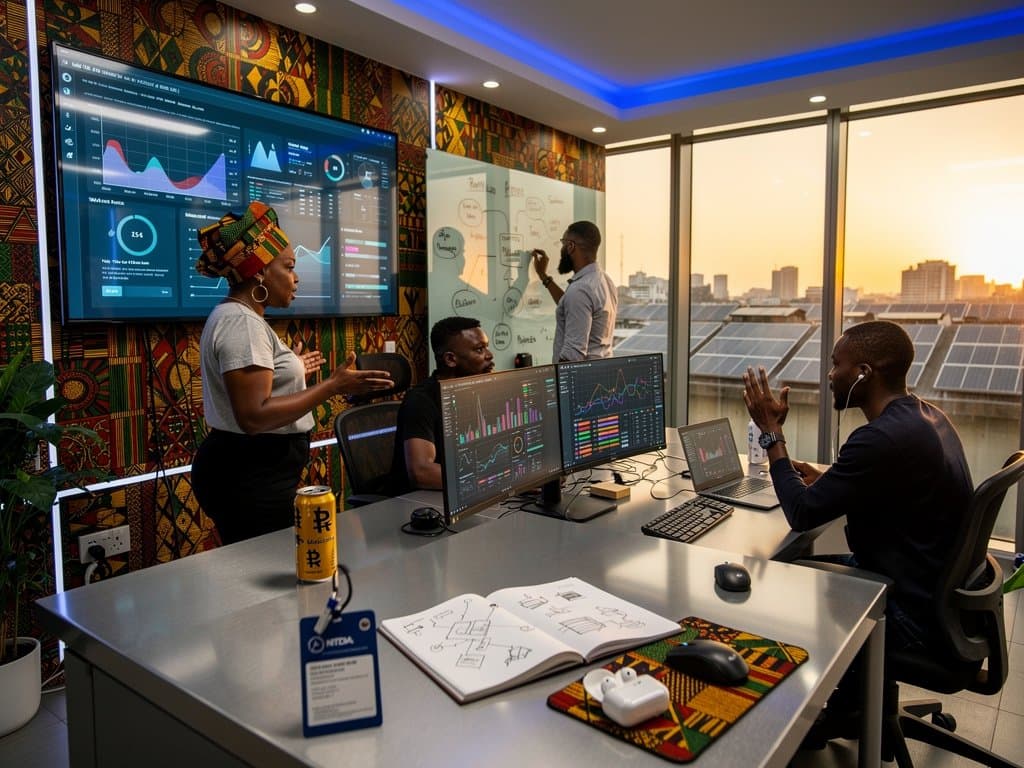 Lagos fintech hub AI ethics dashboards, NITDA charts, Victoria Island skyline