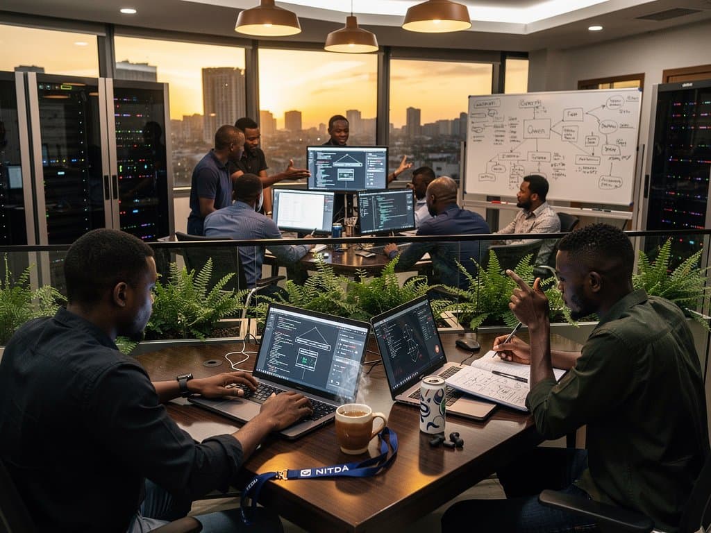 Nigerian developers in Lagos tech hub collaborate on Qwen3.6-Max-Preview AI model, screens show code and reasoning charts in modern workspace