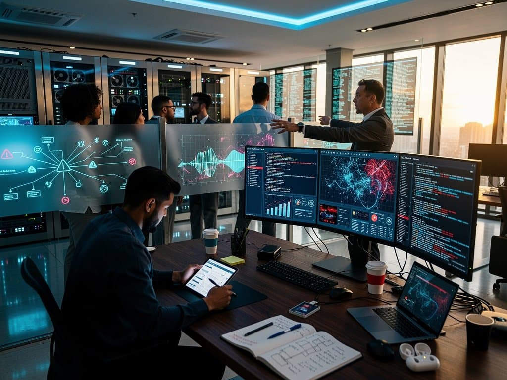 Abstract visualization of AI liability risks in a futuristic command center with monitors, holograms, and data flows