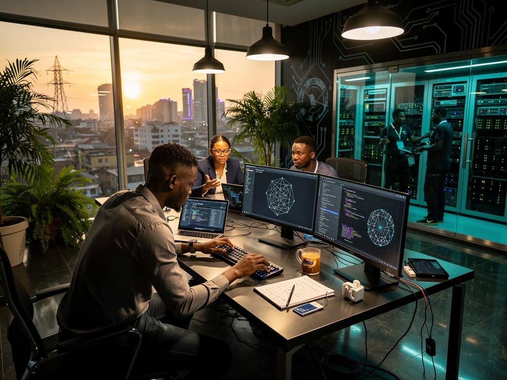 Lagos tech hub with AI security screens, server racks, and collaborative workspaces overlooking city lights