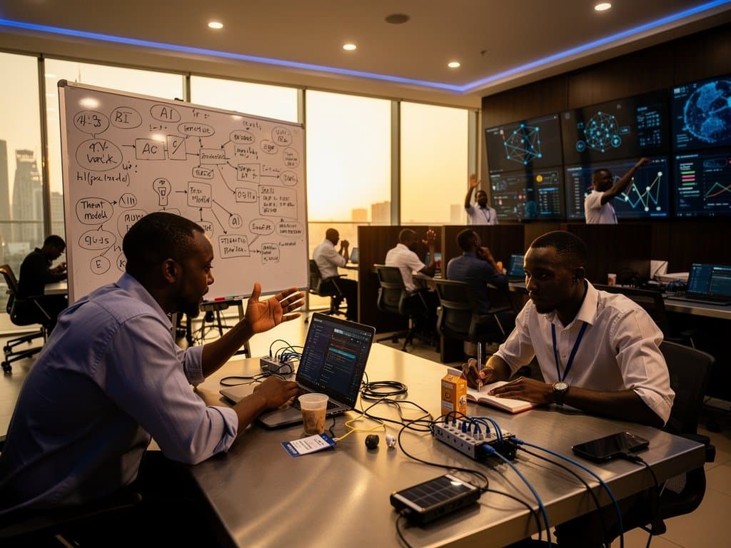 Laptop screens showing AI chatbots and cybersecurity code in Lagos tech hub, whiteboard algorithms amid power banks and network maps
