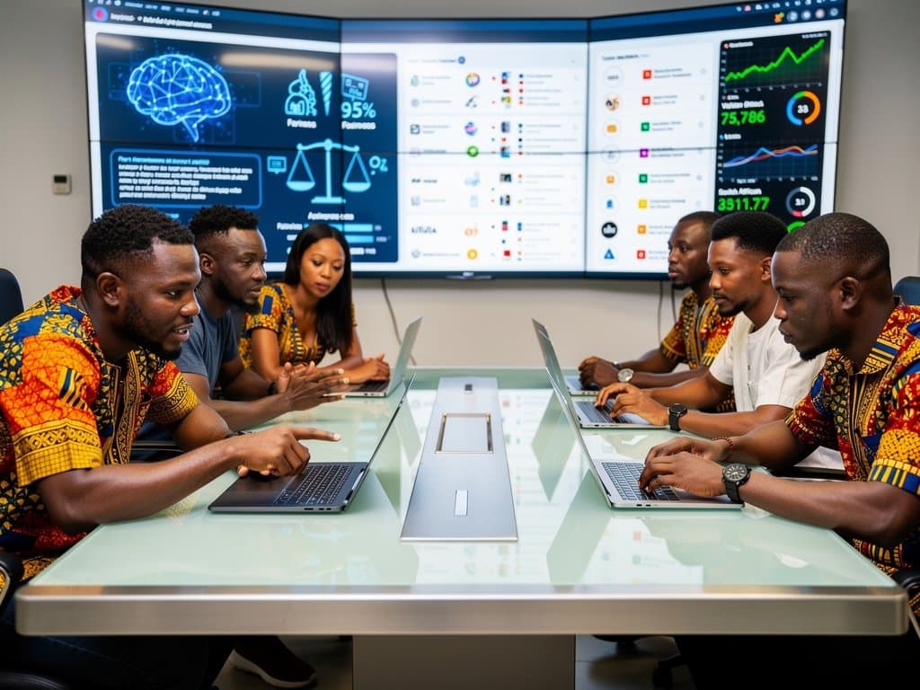 Lagos tech hub scene with AI ethics dashboards, fintech apps, crypto charts, and Nigerian innovation elements