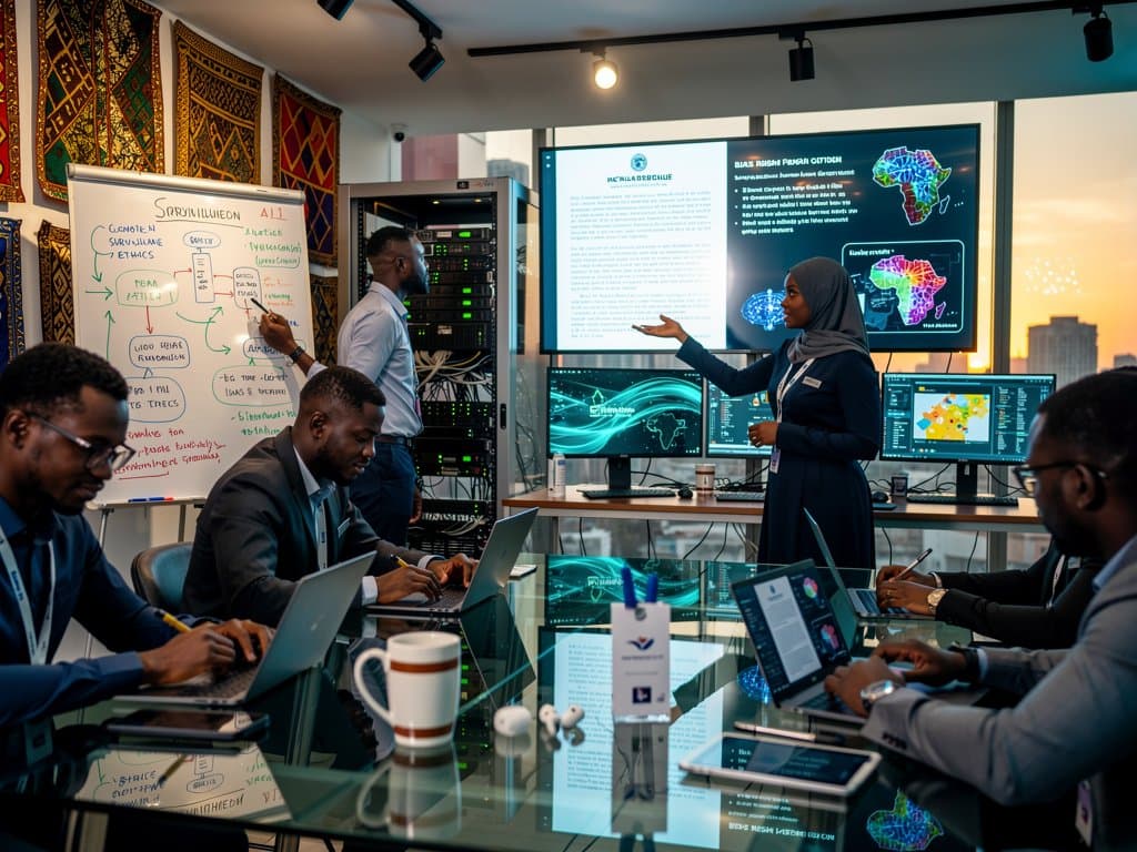 Lagos tech hub scene with AI ethics discussion, NITDA docs, and Lagos skyline view