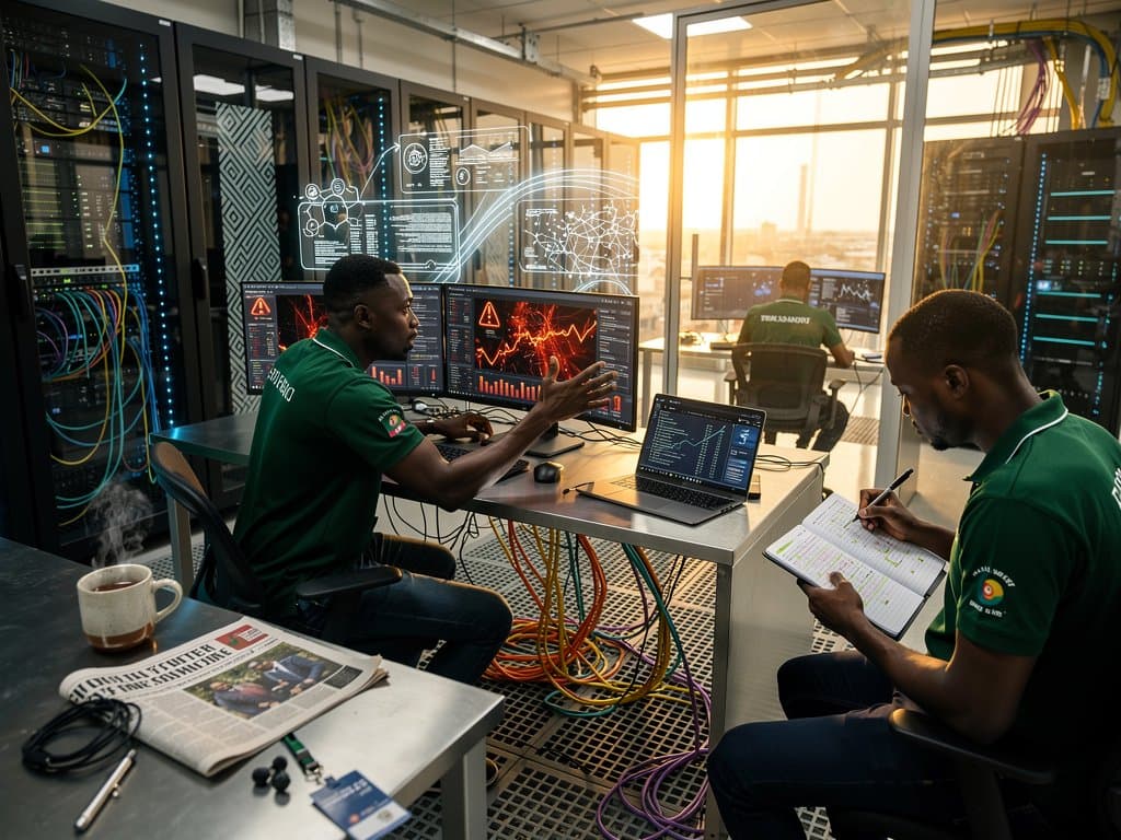Lagos data center with RCE alerts on servers, fiber cables, NITDA docs under blue LEDs