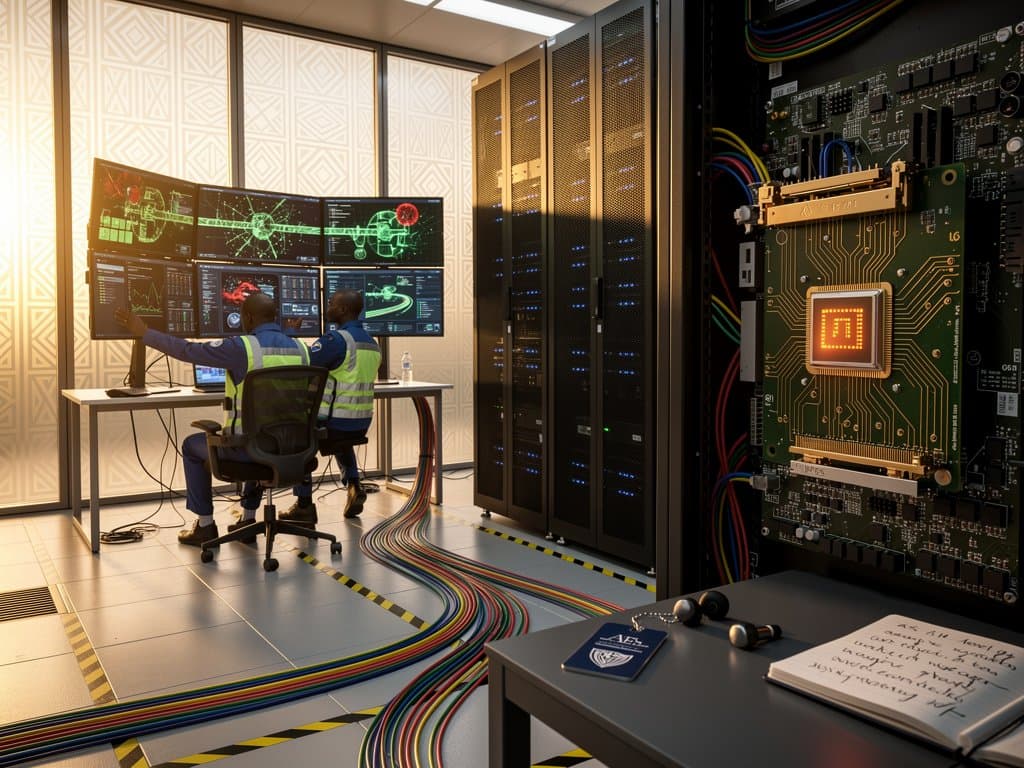 Engineers in Lagos data center monitor AES encryption hardware amid server racks and network displays