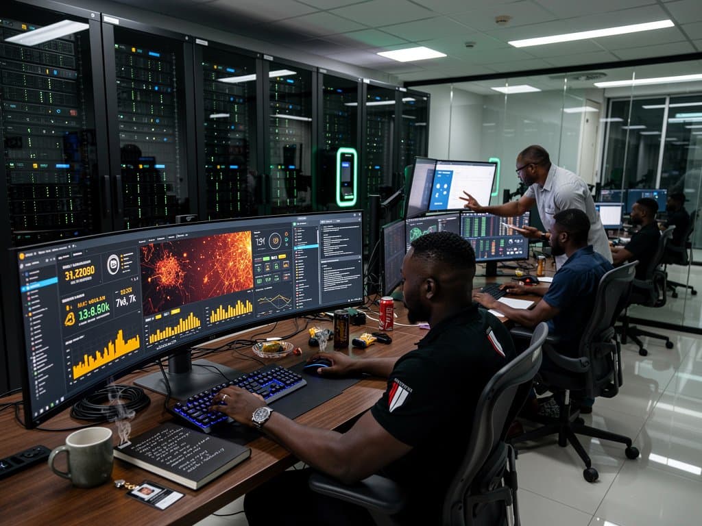 Lagos SOC analysts review AI cybersecurity dashboards in LED-lit server room