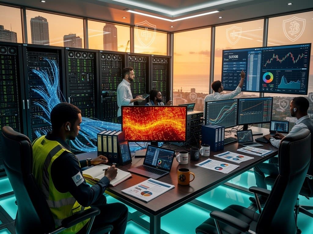 Cybersecurity analysts monitor AI threat dashboards on ultrawide screens in Lagos Tier IV data center control room with server racks and skyline view
