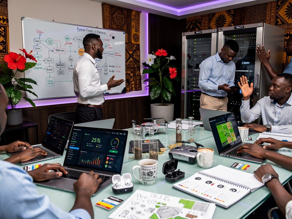 Lagos agritech hub with AI dashboards for crop monitoring, IoT sensors, and collaborative whiteboards amid Nigerian tech innovation scene