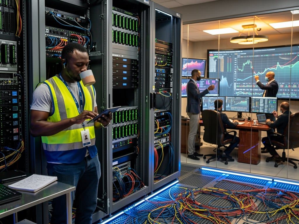 Engineer monitors Trainium3 servers in bustling AWS Tier IV data center with glowing racks, technicians at curved monitors, control room in background