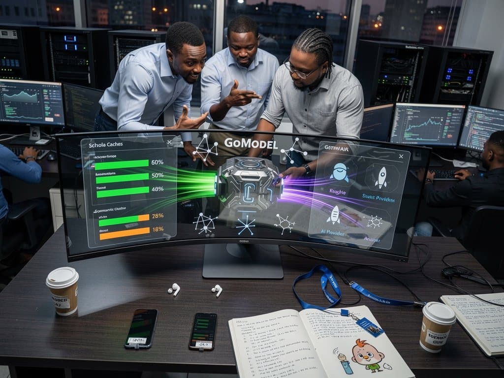 Abstract cyberpunk AI gateway hub linking OpenAI, Anthropic, Gemini, xAI icons with 60-70% cache metrics, Lagos skyline, solar panels, and Nigerian tech resilience elements