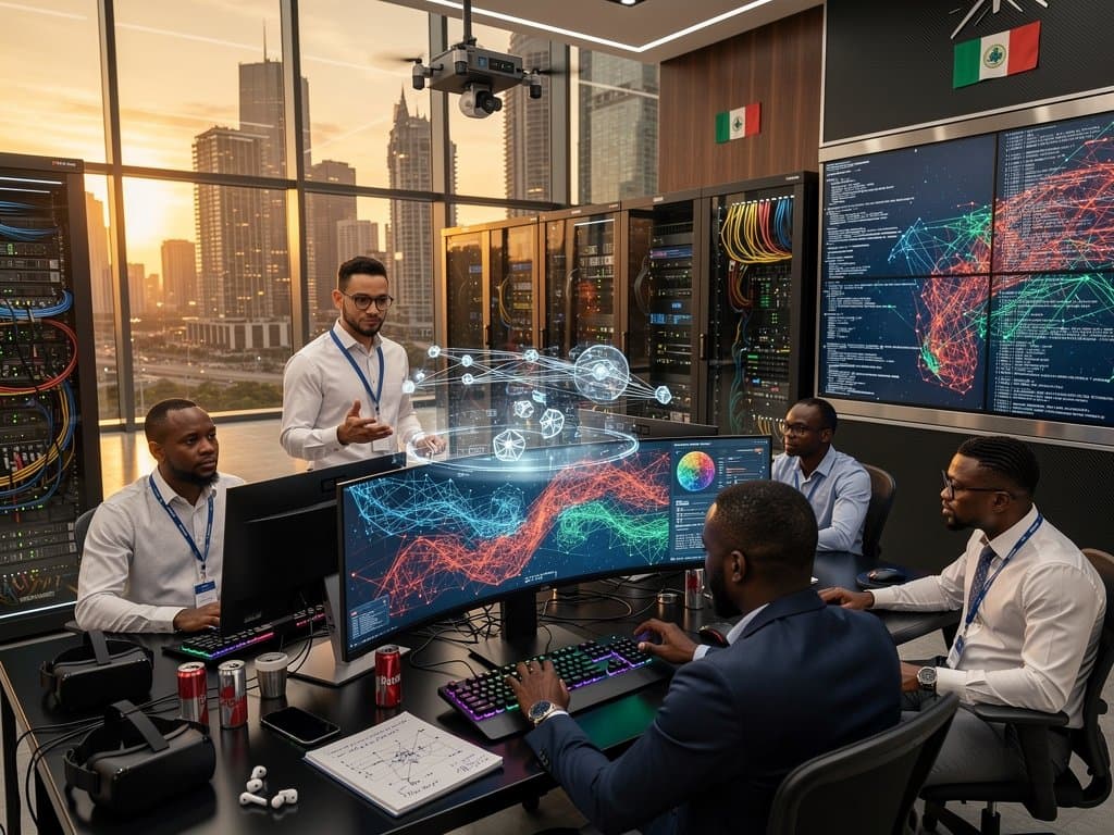 AI cybersecurity dashboards glow in a modern Lagos tech hub with server racks and network threat visualizations