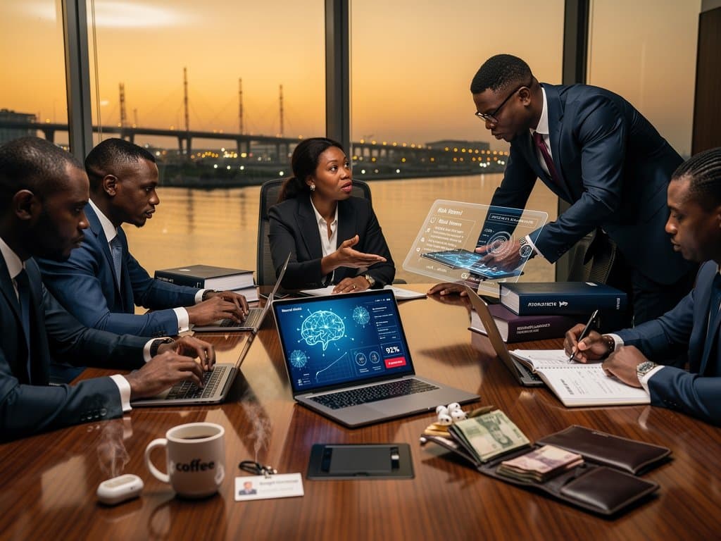 AI legal interfaces on laptops in modern law firm conference room with city skyline view