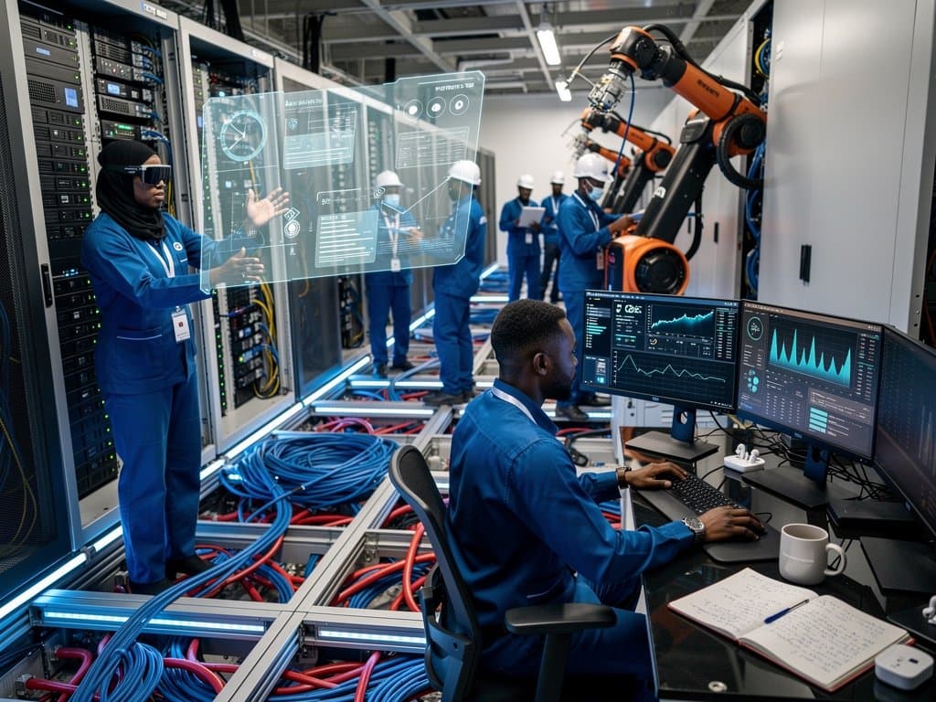 Engineers inspect server racks and AI dashboards in a high-security Tier III data center with raised floors and modern LED lighting